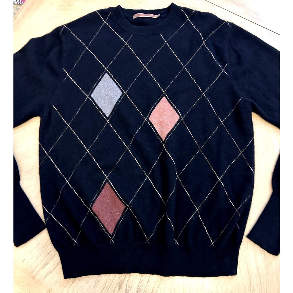 Raffi Argyle 100% Cashmere Sweater Mens L Preppy Diamond Luxury Corporate Retro